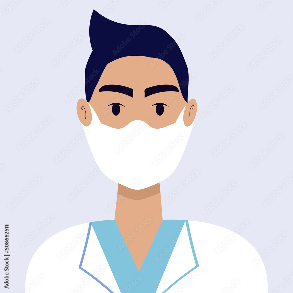 Doctor man isolated wearing a mask. Healthcare concept, coronavirus, prevention, immunize, treatment, vector. Doctor man isolated wearing a mask. Healthcare concept, coronavirus, prevention, immunize, treatment, vector.