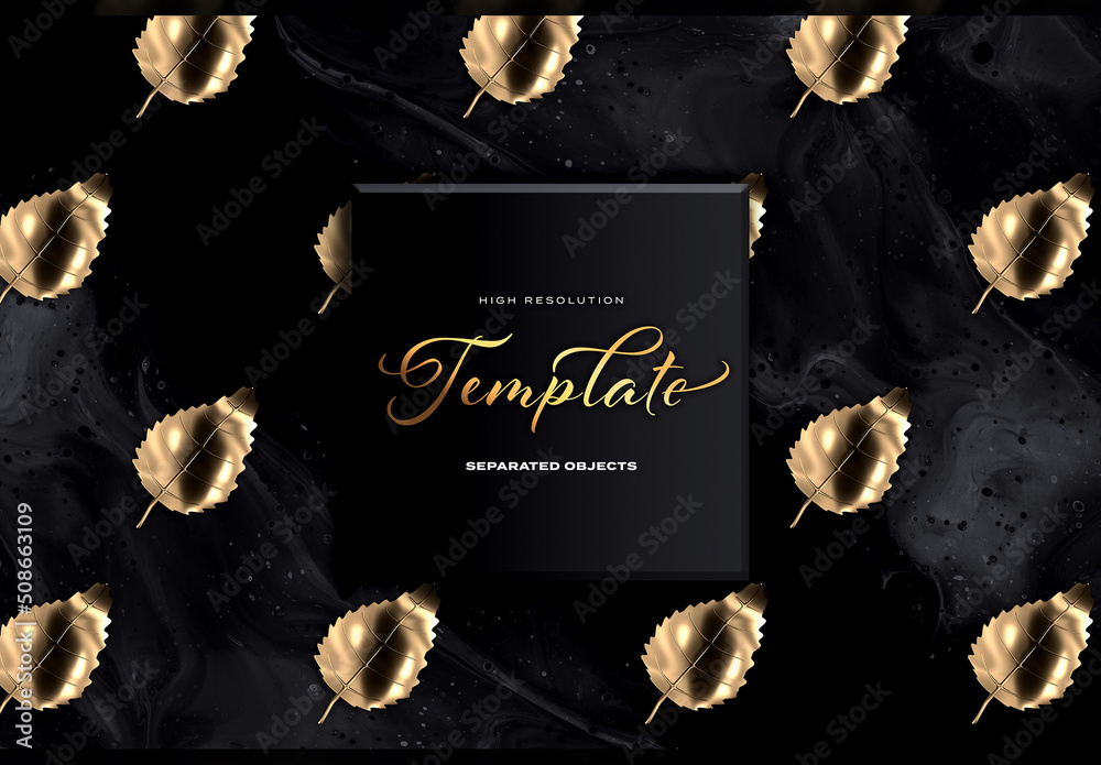 Isolated Gold Leaves with Separated Foliage and Herbs on Dark Black ...