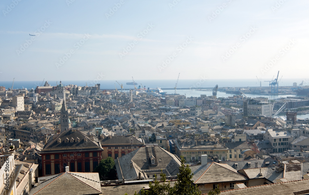 urban view of the skyline of the historic city of Genoa in Liguria, with views of the commercial port,Italy