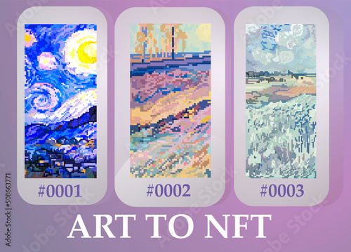 NFT nonfungible token. Crypto art concept. Image of pixel Van Gogh art.