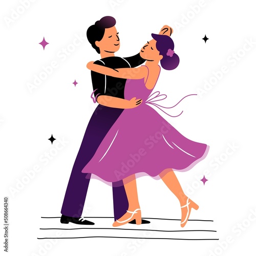 Vector illustration of a man and a woman dancing in pair, ballroom dance, waltz, prom concept