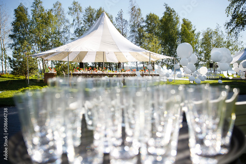 Wedding tent with large balls. Tables sets for wedding