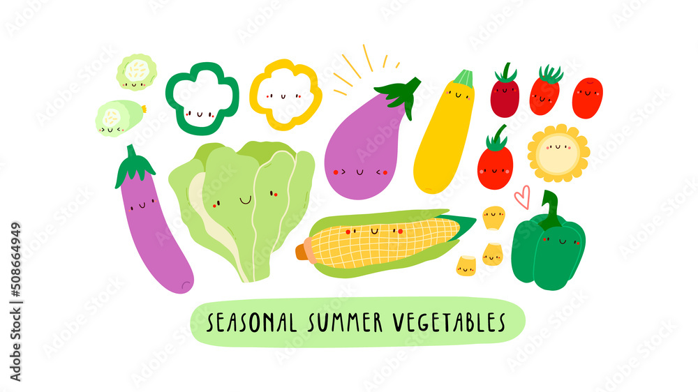 Cute illustration with Seasonal Summer Vegetables on a white background