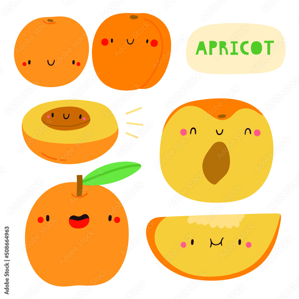 Super cute vector seasonal pattern with Apricots. Summer seasonal fruit background. Smiley apricot characters. Watermelon slices with faces on a white background Super cute vector seasonal pattern with Apricots. Summer seasonal fruit background. Smiley apricot characters. Watermelon slices with faces on a white background