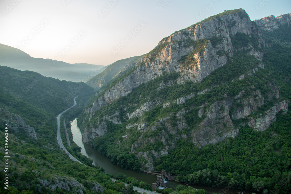 Sicevac gorge. Wonderful nature from a bird's eye view. Before sunrise. Old dam on the Nisava.