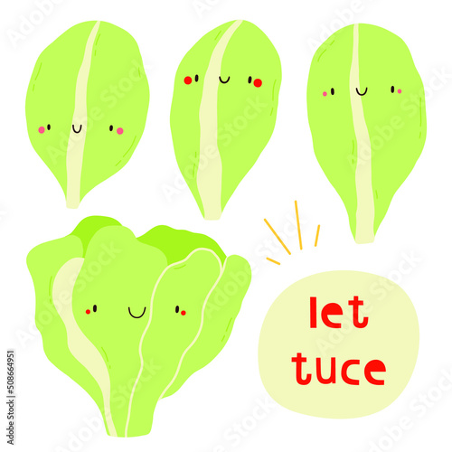 Super cute vector set - different hand drawn Lettuce. Seasonal Lettuce salad vegetable character with smiley face. Funny food illustration
