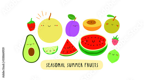 Cute vector illustration with Seasonal Summer Fruits on a white background. Smiley cartoon food characters - Watermelon, Raspberry, Plum, Asian Pear, Apricot, Melon, Lime. Healthy fruits banner