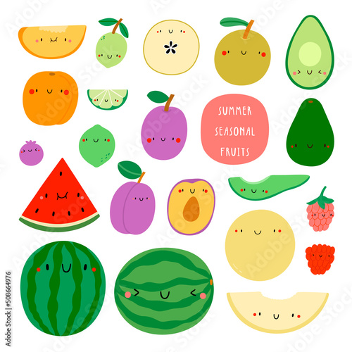 Super cute illustration - Seasonal Summer Fruits. Hand drawn collection of different fruits with smiley faces. Healthy food characters set
