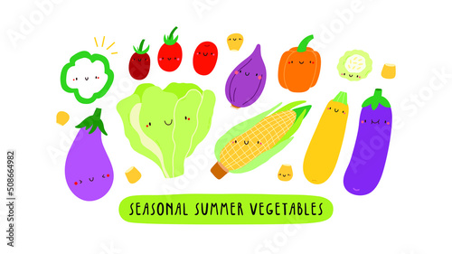 Cute vector illustration with Seasonal Summer Vegetables on a white background. Smiley cartoon food characters - Lettuce  Tomato  Eggplant  Yellow Zucchini  Sweet Corn. Healthy vegetables banner