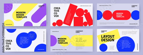 Creative covers or horizontal posters in trendy minimal style for corporate identity, branding, social media advertising, promo. Modern layout design template with dynamic geometric shapes