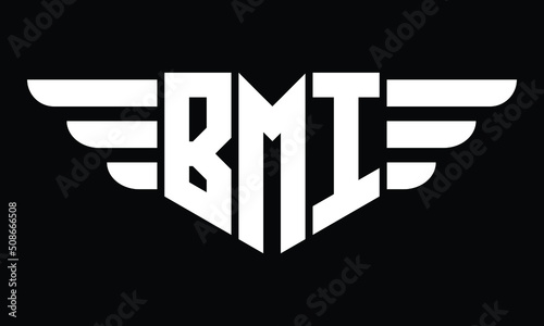 BMI three letter logo, creative wings shape logo design vector template. letter mark, wordmark, monogram symbol on black & white.