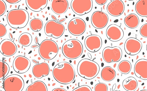 Pink Apples. Cute Seamless Pattern. Vector Background.