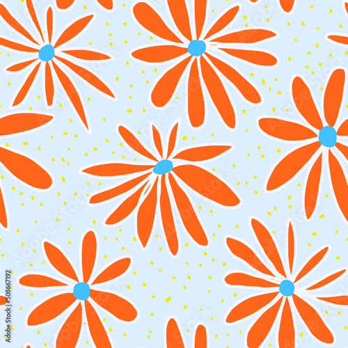 Seamless background gender neutral baby floral sketch  print pattern design Simple whimsical minimal earthy colors. Kids nursery wallpaper or boho fashion all over print. Doodle line art daisy 