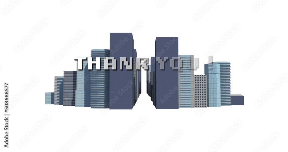Image of thank you text in white letters over cityscape on white background