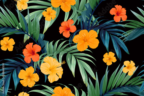 Seamless hand drawn tropical vector pattern with bright hibiscus flowers and exotic palm leaves on dark background.