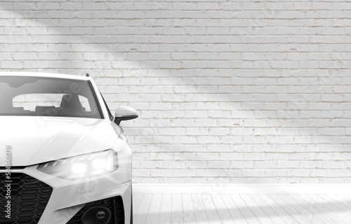 White sport generic unbranded car in front of a white brick wall