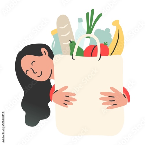 Vector flat illustration of a woman holding and hugging a package of veggies, healthy food concept