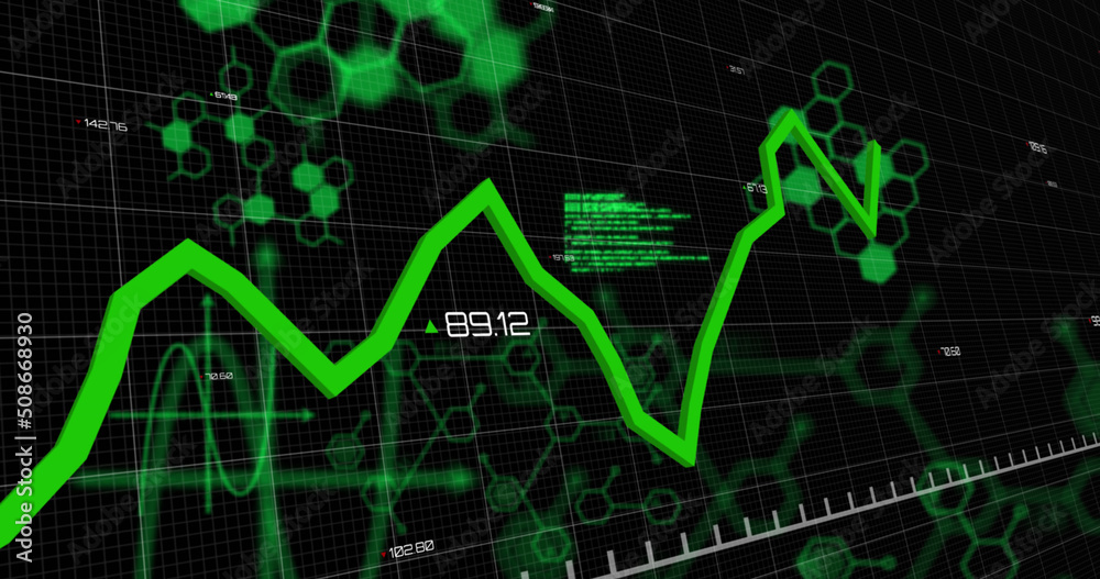 Green graphs moving and data processing against black background Green graphs moving and data processing against black background