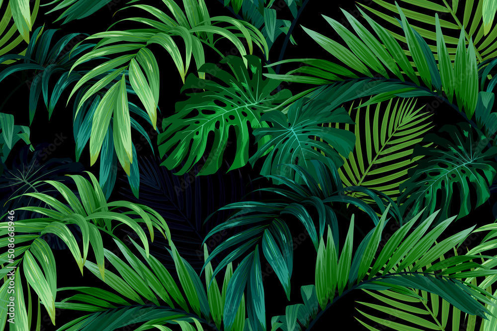 Seamless hand drawn tropical vector pattern with monstera palm leaves on dark background. - obrazy, fototapety, plakaty 