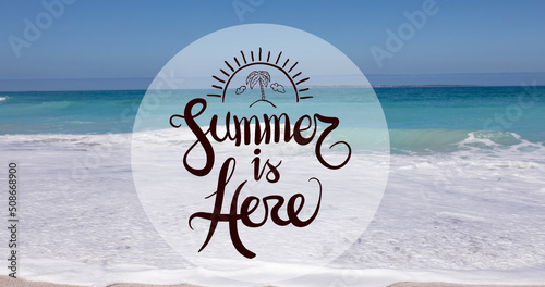 Image of summer is here text over beach