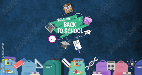 Digital composite image of welcome back to school text and school equipments icons