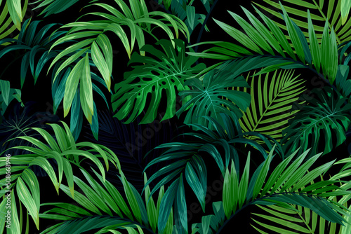 Seamless hand drawn tropical vector pattern with monstera palm leaves on dark background.