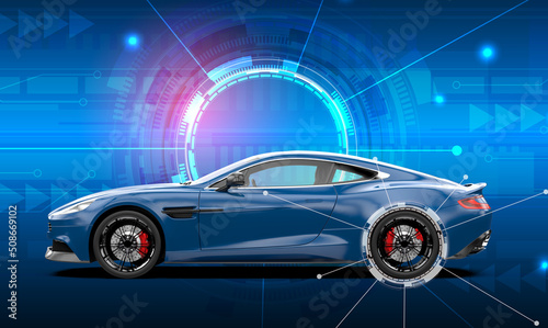 Blue generic sport car on a thecnology background