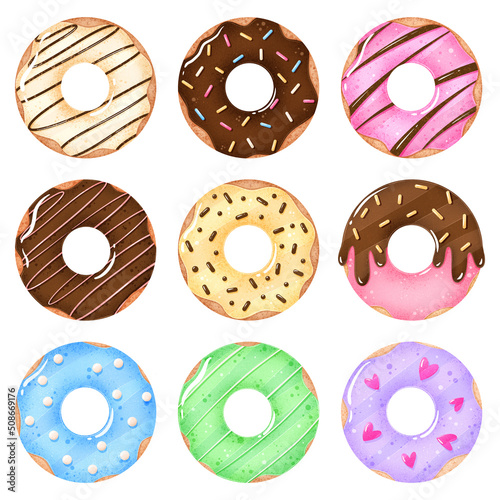 Set illustration of cute cartoon doodle donuts