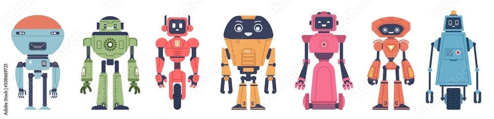 Set of funny robots. Flat cartoon vector illustration on isolated white background