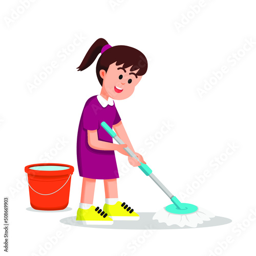 a little girl mopping the floor which is a routine job at home