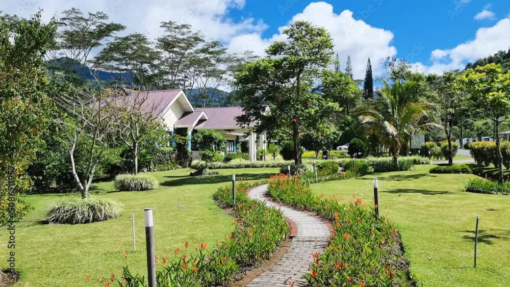 Panama, Boquete, footpath through a tropical garden panoramic view Panama, Boquete, footpath through a tropical garden panoramic view