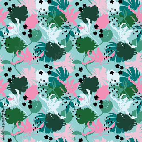 Colorful and bright summer Silhouette Abstract seamless pattern with leaves and flowers Background with florals vector