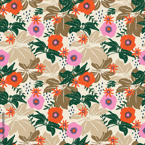 Colorful and bright summer Silhouette Abstract seamless pattern with leaves and flowers Background with florals vector