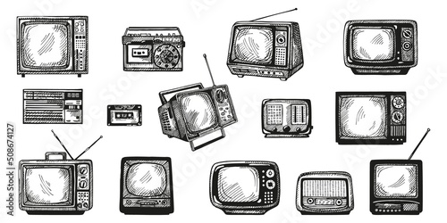 Set retro engraved device isolated on white background. Vintage television, radio and music cassette in hand drawn style. Sketch media equipment.