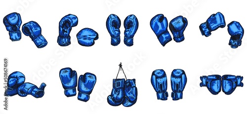 Set blue boxing gloves sketch in isolated white background. Vintage sporting equipment for kickboxing in engraved style.