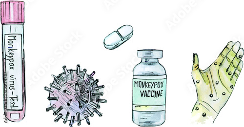 Monkeypox virus outbreak pandemic vaccination illustrations set . Monkey pox virus 2022, vaccine vial, test tubes, palms with smallpox ulcers, pills medical . Hand-drawn illustration in sketch style.