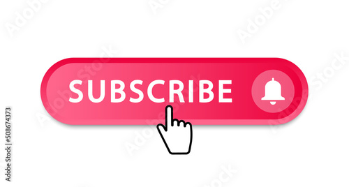 Subscribe button. Clicking red subscribe button with bell and hand cursor. Subscription to the channel or blog. Social media concept. Vector illustration.