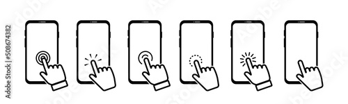 Touch screen smartphone icon set. Hand click on smartphone. Clicking hand pointer on the display phone. Vector illustration.