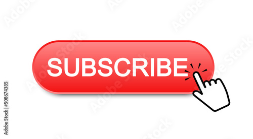 Subscribe button. Clicking red subscribe button with bell and hand cursor. Subscription to the channel or blog. Social media concept. Vector illustration.