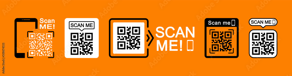 QR code scan icon set. Scan me frame. QR code scan for smartphone. QR code for mobile app, payment and identification. Vector illustration. QR code scan icon set. Scan me frame. QR code scan for smartphone. QR code for mobile app, payment and identification. Vector illustration.