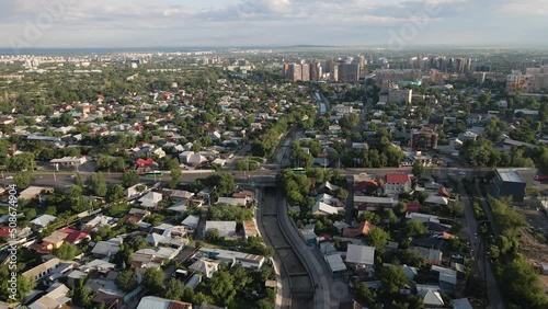 Aerial view of the mountains and river in Almaty, Kazakhstan photo