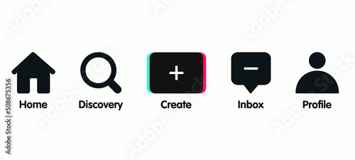 Menu button icon of social media. Home, discover, create, inbox, and profile. Vector