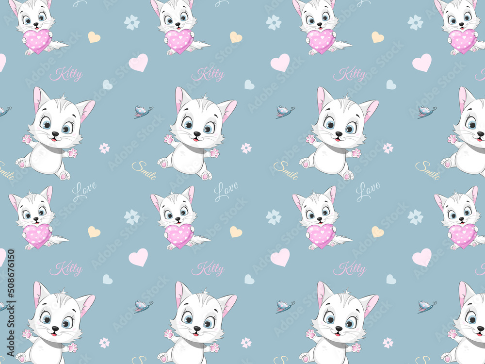 Seamless pattern smile kitty with heart and butterfly Seamless pattern smile kitty with heart and butterfly