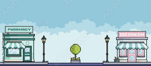 Pixel art shopping street with pharmacy and ice cream shop Urban landscape. Cityscape background for 8bit game
