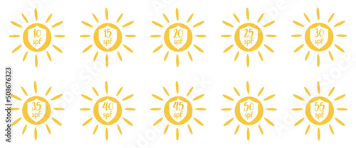 Set of simple flat SPF sun protection icons for sunscreen packaging. SPF 10, 15, 20, 25, 30, 35, 40, 45, 50, 55 UV protection for skin. Vector