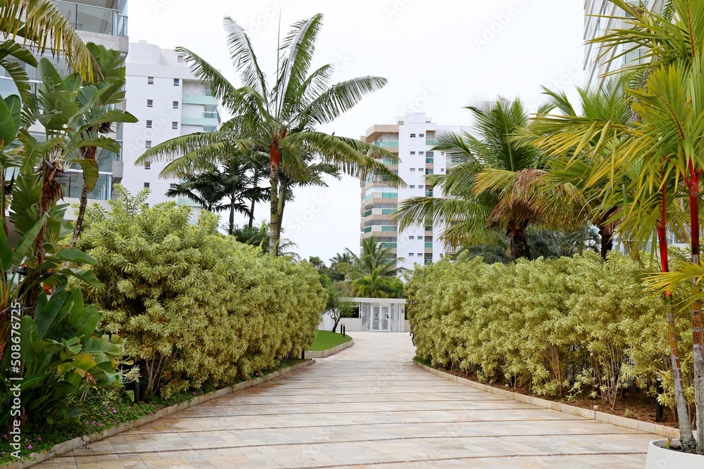 Tropical garden in residential buildings  with lots of green overlooking the neighboring buildings, quality urban life, high standard lifestyle.