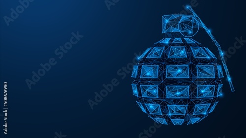 Hand fragmentation grenade. Polygonal design of interconnected lines and points. Blue background.