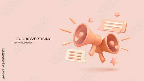 Marketing or advertising concept, 3d megaphone loudspeaker in realistic cute cartoon style. Vector illustration photo