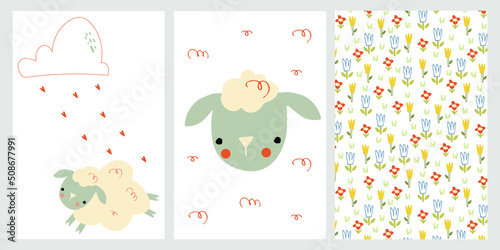 set of vector cards for children with a domestic animal. Cute sheep and floral summer pattern. poster templates for printing in the nursery. hand draw style