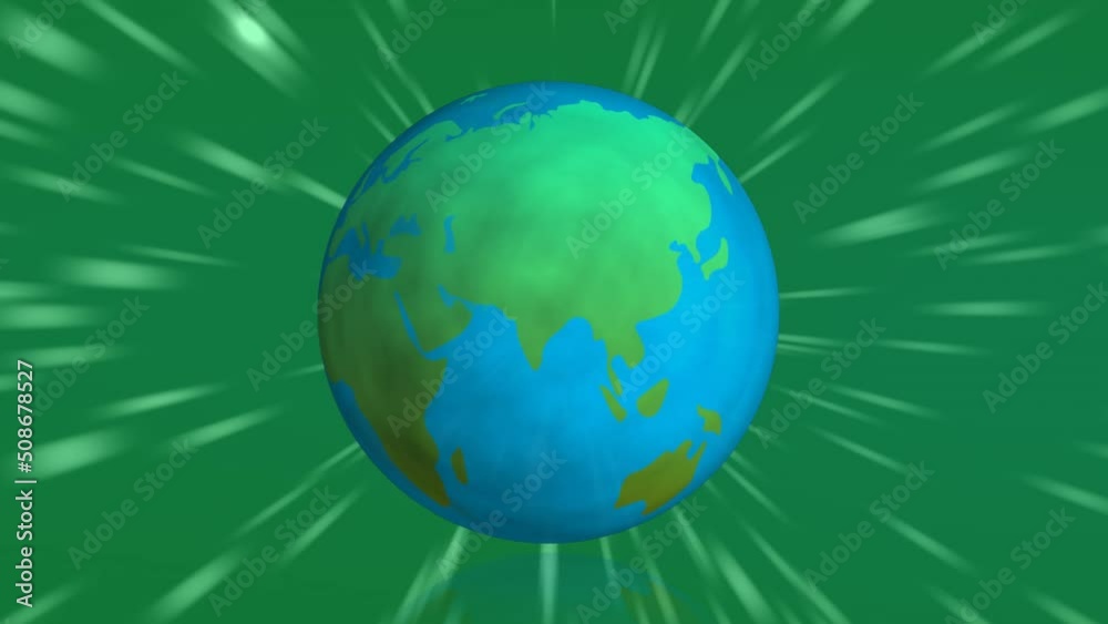 Animation of spinning globe with rays on green background Animation of spinning globe with rays on green background